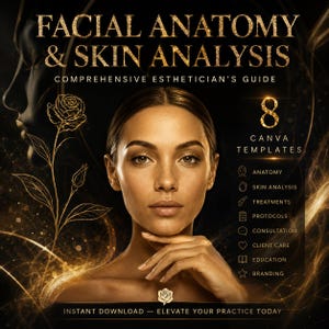 May include: A digital graphic featuring the text FACIAL ANATOMY & SKIN ANALYSIS COMPREHENSIVE ESTHETICIAN'S GUIDE. It includes a central portrait of a person, a gold rose illustration, and a list of 8 Canva templates including anatomy, skin analysis, treatments, protocols, consultation, client care, education, and branding.