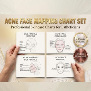 May include: A set of four skincare charts for estheticians, featuring acne face mapping diagrams. The charts include side profile and zone guides, with labels for different facial areas and related concerns. The image also includes a gold and brown circular badge that says "4 Charts Included" and "Instant Download".