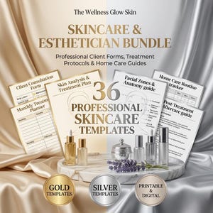 May include: An esthetician bundle with skincare templates, client forms, and guides. The image features skincare products, including bottles and a jar, arranged on a marble platform. Gold, silver, and printable digital templates are also shown.