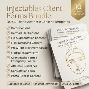 May include: A set of aesthetic consent templates for injectables, including Botox and fillers. The forms are printed on white paper with gold text and include a client intake form with a line drawing of a face. The bundle includes 10 forms.
