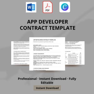 May include: An app developer contract template document featuring sections for project description, scope of work, and milestones. The document includes icons for Word, PDF, and Canva, with the text APP DEVELOPER CONTRACT TEMPLATE and Professional · Instant Download · Fully Editable.