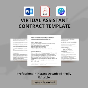 May include: A Virtual Assistant Contract Template document displayed with Microsoft Word, PDF, and Canva icons. The text includes sections for project description, scope of work, deliverables, confidentiality, and hours and availability for service.