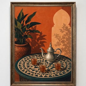 May include: A framed painting depicting a silver teapot and three small glasses filled with amber liquid on a round mosaic table. A potted green plant sits beside the table against an orange wall with a decorative archway shadow cast upon it.