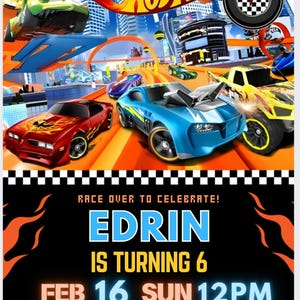 Faire-part d'anniversaire Hot Wheels | Invitation à une fête de voiture de course | Modèle numérique modifiable | Faire-part d'anniversaire garçon