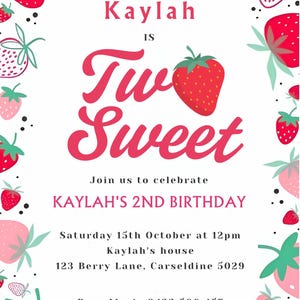 Two Sweet Birthday Invitation | Editable Strawberry Party Invite | 2nd Birthday Digital Download | Berry Cute Party Template