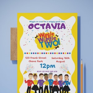 May include: A yellow and white birthday invitation for a child turning two. The invitation features the Wiggles characters and the text "Octavia is Wiggle Wiggle Two!"  The invitation includes the date, time, and location of the party.