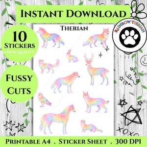Rainbow Therian Fussy cuts sheet | Junk Journal Cut Outs | Scrapbook Ephemera | Printable Sticker Style Animals | Digital Download | A4