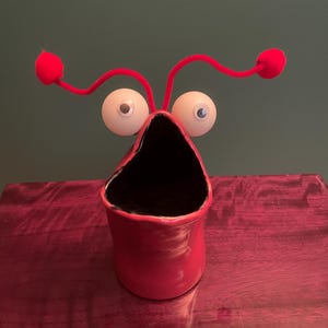May include: A whimsical red ceramic vase with a black interior, featuring large white googly eyes and red pipe cleaner antennae with red pom-pom tips. The vase is set on a dark red wooden surface against a green background.