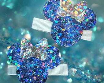 Blue Glitter Mousehead Clip Set, Holographic Glitter Mouse Heads, Minnie
