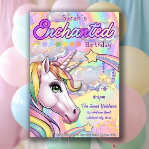 Faire-part d'anniversaire licorne magique arc-en-ciel scintillant modèle canva texte modifiable Invitation adulte et enfant, bricolage imprimable/Evite