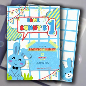 Convite "Some Bunny Is One" | Convite para Festa de 1º Aniversário de Coelho | Cartão de Primeiro Aniversário do Coelho Azul | Modelo Digital Editável do Canva