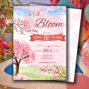 Convite de aniversário para menina com flor de cerejeira | Convite para festa de primavera em plena floração | Modelo floral rosa para impressão | Convite digital editável Canva