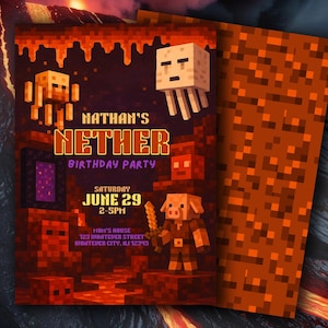 Faire-part d'anniversaire modifiable Minecraft Nether, invitation de fête numérique Minecrafter, Gamer imprimable sur toile, carte d'anniversaire jeu vidéo garçon fille