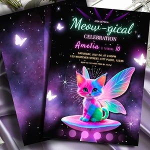 Convite de aniversário editável com tema de gato neon meow-gico, convite digital para festa, aniversário de menina, tema de gatinho arco-íris, download instantâneo do Canva