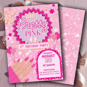 Convite Digital para Festa de Aniversário Editável Pretty in Pink – Convite Elegante para Festa Rosa para Meninas, Modelo Canva Editável, Download Instantâneo