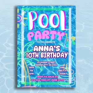 プールパーティーの誕生日招待状、すべてのテキストを編集可能なCanvaテンプレート、あらゆる年齢、大人と子供の誕生日招待状、DIY印刷可能またはEvite