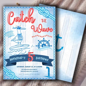 Catch the Wave Nautical Birthday Invitation | Seagull Surf Party Invite for Kids | Sailor Ocean Beach Birthday Instant Download Canva Temp