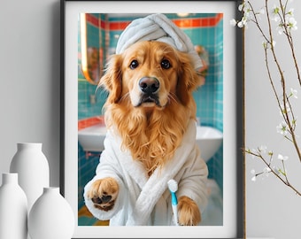 May include: A golden retriever dog wearing a white bathrobe and a white towel on its head, holding a blue and white toothbrush in its paw. The dog is in a bathroom with blue and white tiled walls.
