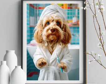 Cockapoo in Robe Print, Funny Bathroom Wall Art, Pet Lover Gift