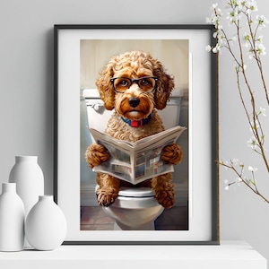 Cockapoo Digital Print, Dog Bathroom Art, Cockapoo Reading Newspaper, Humorous Wall Art, Bathroom Decor, Funny Dog Art