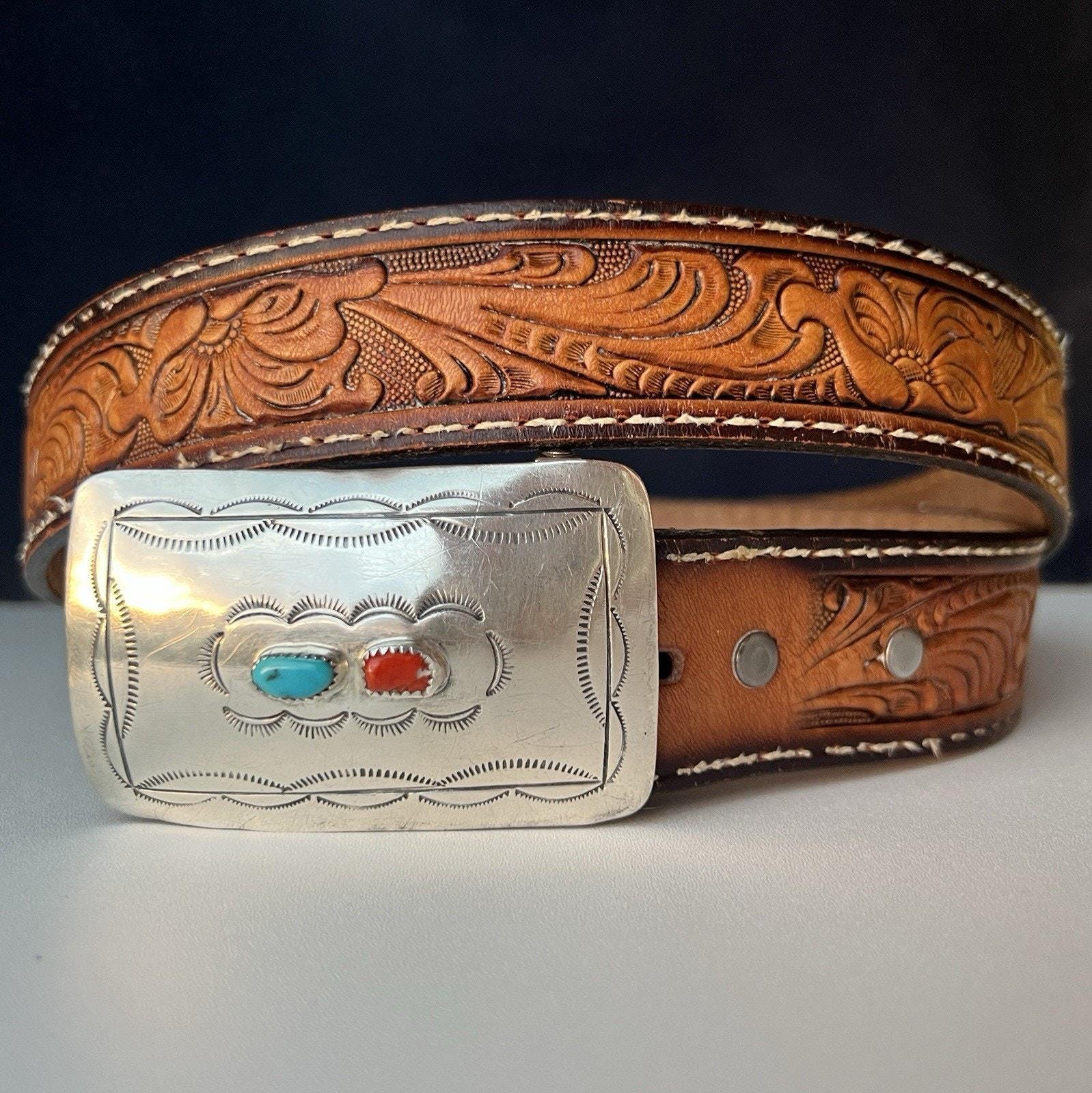 Vintage Tooled Leather Belt Sterling Silver Turquoise Coral  display picture 1