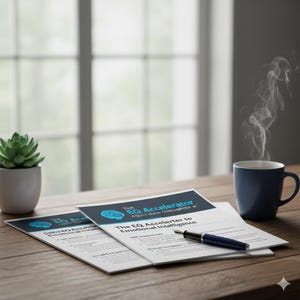 Puede incluir: Dos guías impresas tituladas "The EQ Accelerator" con un bolígrafo y una taza de café azul sobre una mesa de madera. Una pequeña planta suculenta en una maceta blanca está a la izquierda. Sale vapor del café.