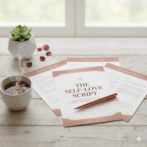May include: A still-life image featuring a cup of tea with flower petals, a succulent in a white geometric pot, and a stack of papers titled "The Self-Love Script." A rose gold pen rests on the script, and dried rose petals are scattered around.