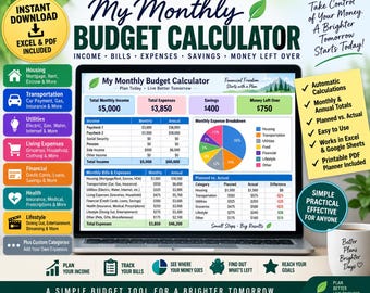 Monatsbudget-Rechner (Tabellenkalkulation) | Einnahmen-, Rechnungs- und Ausgabenübersicht | Budgetplaner für verbleibendes Geld