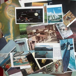 May include: A collection of vintage postcards featuring diverse imagery. Includes a diagram of the solar system, a sailboat on the water, a western town, a jellyfish, and a space shuttle. The postcards are in various sizes and colors.