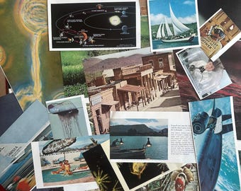 May include: A collection of vintage postcards featuring diverse imagery. Includes a diagram of the solar system, a sailboat on the water, a western town, a jellyfish, and a space shuttle. The postcards are in various sizes and colors.