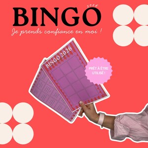 Könnte beinhalten: Eine 2026 Bingo-Spielkarte mit einem rosa Gitter und einem rot gestreiften Rand. Die Karte zeigt den Text BINGO 2026 und eine rosa Sternform mit dem Text PRÊT À ÊTRE UTILISÉ. Der Hintergrund ist korallenrot mit weißen Kreisen und dem Text BINGO Je prends confiance en moi.
