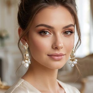 Op de afbeelding: Een vrouw met bruin haar in een knot, draagt gouden oorbellen met pareldetails. De oorbellen hebben een bladontwerp en hangende parels. Ze draagt een crèmekleurige top.