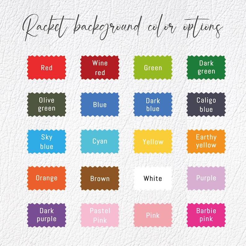以下が含まれることがあります： 「Racket background color options」のテキストが入ったカラーチャート。赤、緑、青、黄、オレンジ、茶色、白、紫など18色のカラーサンプルが表示されています。濃い緑やスカイブルーなどのバリエーションもあります。