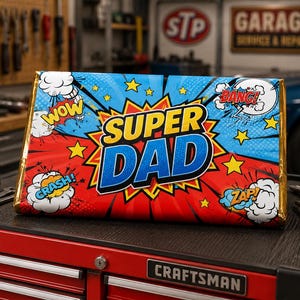 Könnte beinhalten: Eine farbenfrohe Geschenkbox mit dem Schriftzug "SUPER DAD" im Comic-Stil. Die Box hat ein rotes, blaues und gelbes Farbschema mit Sternen- und Explosionsgrafiken. Sie liegt auf einer roten Craftsman-Werkzeugkiste.