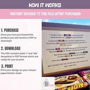 Op de afbeelding: Een cadeauverpakking met een handgeschreven bericht en diverse chocoladerepen. De boodschap luidt "De beste wensen voor de toekomst en veel succes met dit volgende hoofdstuk!!!" De doos bevat ook instructies voor het downloaden en afdrukken van een PDF.