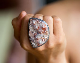 Laguna Crazy Lace Agate Ring, Sterling Silver Cocktail Ring - Size 7, Size 7.25 - Collector Stone - Phoenix Rising