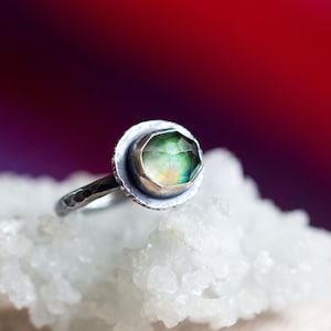 Nova Opal Gemstone Ring, Rose Cut Himalayan Quartz Sterling Silver Stacking Ring, Size 7.5