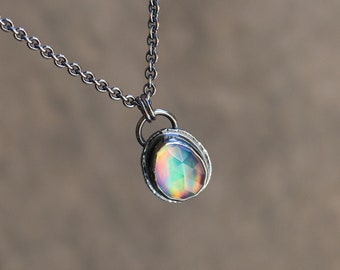 Aurora Opal Necklace, Rainbow Opal Necklace, Himalayan Crystal Necklace, Fire Opal Sterling Silver Necklace, Boho Jewelry, Mother's Day Gift