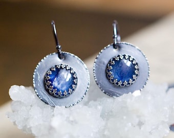 Kyanite Gemstone Earrings, Boho Jewelry, Sterling Silver Disk Drop Dangles