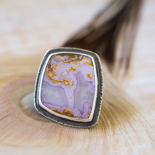 Calico Lace Agate Ring, Sterling Silver Statement Ring - Collector Stone - What Dreams May Come - Size 6.5
