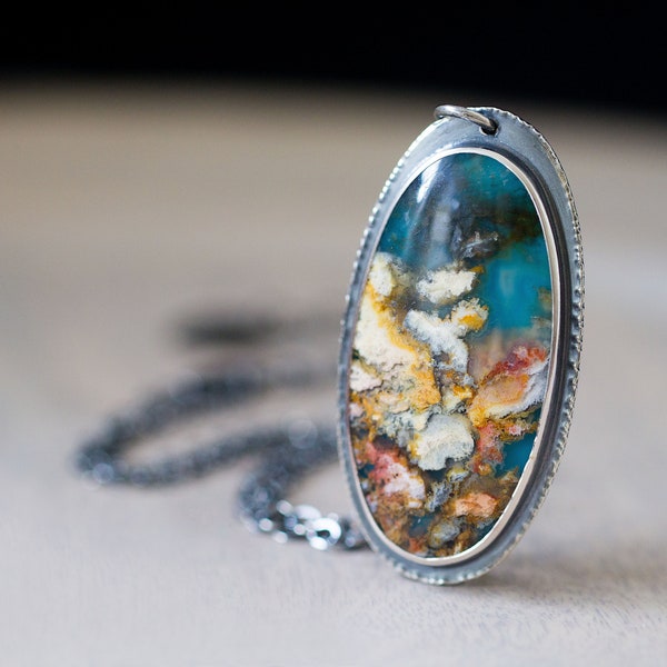Turquoise Necklace, Regency Rose Plume Agate Necklace in Sterling Silver Statement Necklace - Self and Soul