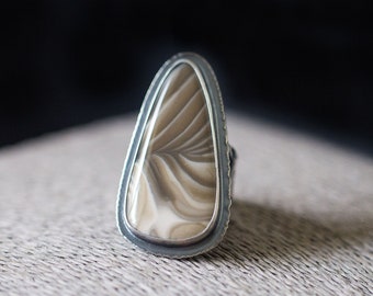 Polish Flint Ring, Sterling Silver Statement Ring, Banded Agate - Collector Stone - Size 7.75, Size 8, Boho Jewelry