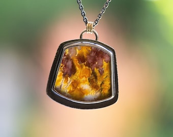 Regency Rose Plume Agate Necklace, Statement Necklace, Graveyard Plume, Mixed Metal Boho Jewelry, Collector Stone, Mother's Day Gift