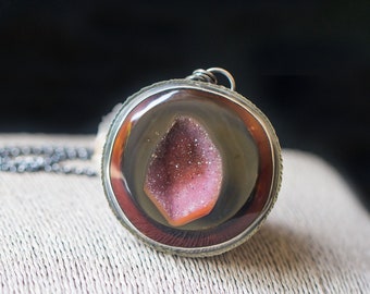 Brazilian Agate Drusy Necklace, Sterling Silver Statement Necklace, Boho Jewelry, Large Drusy