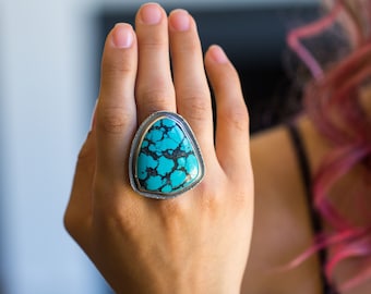 Spiderweb Turquoise Ring, Sterling Silver Statement Ring - Hubei Turquoise - Her Majesty - Size 7.75