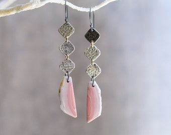 Pink Botswana Agate Earrings, Raw Gemstone Statement Earrings, Sterling Silver Drop Earrings, Boho Jewelry, Mother's Day Gift