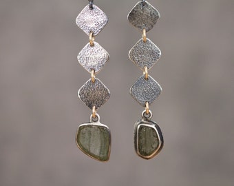 Moldavite Earrings, Meteorite Statement Earrings, Green Tektite Sterling Silver Drop Earrings, Mixed Metal Boho Jewelry, Valentine Gift