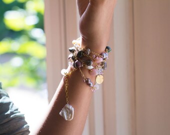 Ocean Jasper Necklace, Rose Quartz, Pink Peruvian Opal, Baroque Pearl Necklace - long bohemian necklace, long gemstone necklace