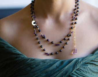 Black Baroque Pearl Necklace, Amethyst Necklace, long beaded necklace, long bohemian necklace, Bohemian Wedding, Boho Jewellery