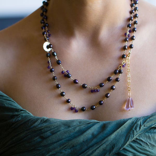Black Baroque Pearl Necklace, Amethyst Necklace, long beaded necklace, long bohemian necklace, Bohemian Wedding, Boho Jewellery